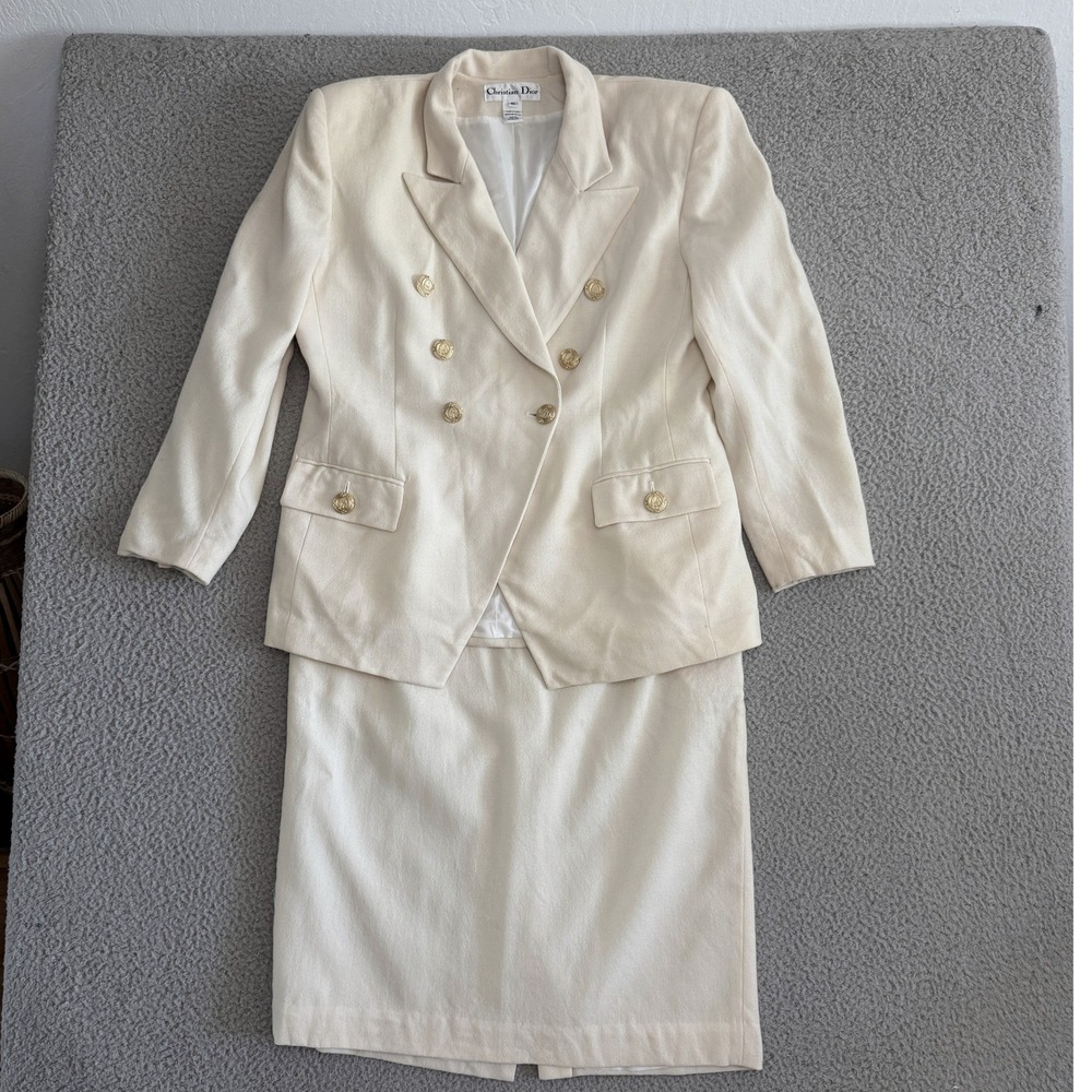 Christian Dior Vintage Wool Suit sz 16 Cream Double Breast Gold Crest Buttons
